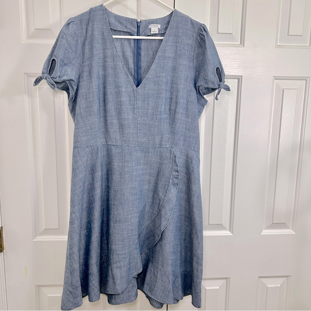 J Crew Chambray V-Neck Faux Wrap Tie Puff Sleeve Ruffle Hem Dress Size 12